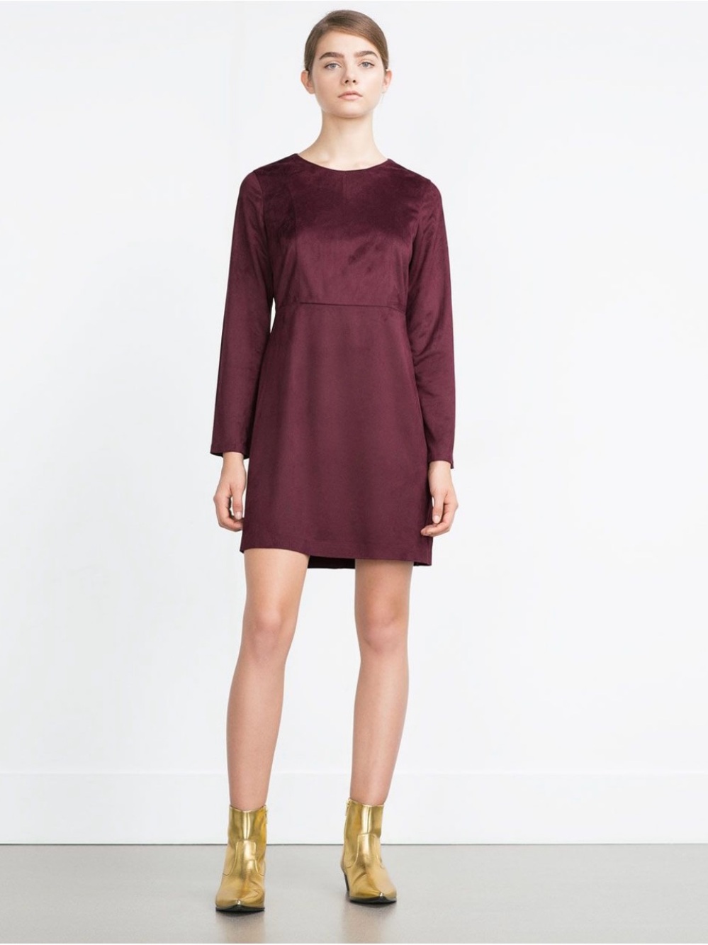 Zara Burgundy Long-Sleeve Suede Small Dress